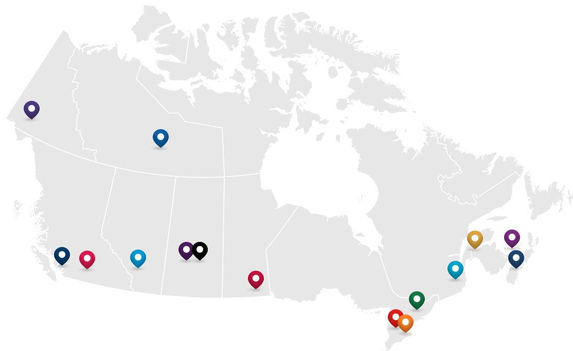Map of Canada illustrating locations of participating colleges