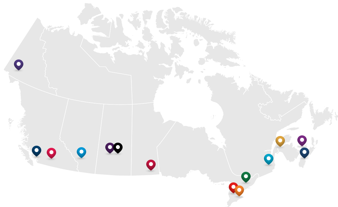 Map of Canada illustrating locations of participating colleges