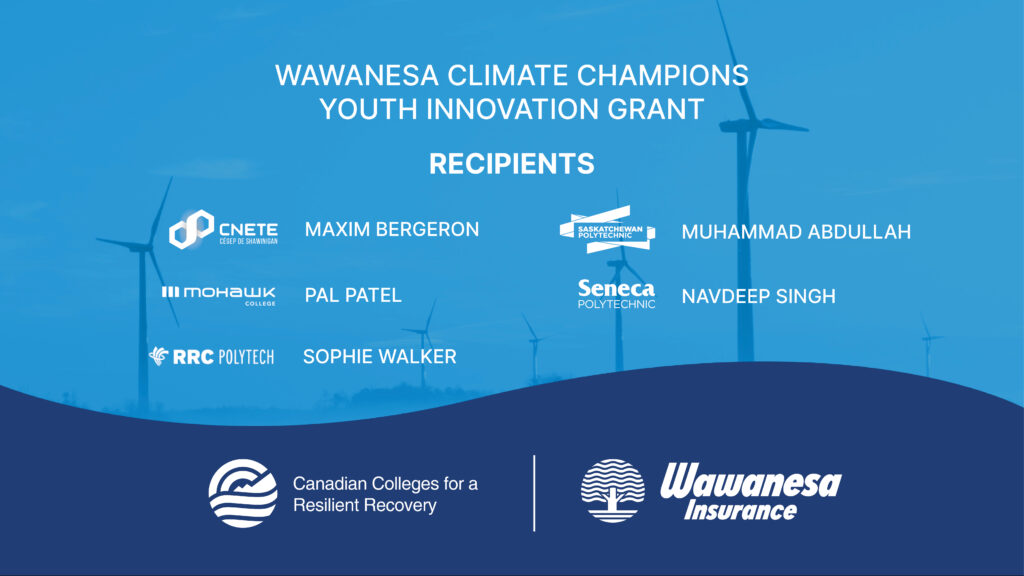 A blue background with windmills and the Wawanesa and C2R2 logo announce the 5 recipients of the Wawanesa Climate Champions Youth Innovation Grant